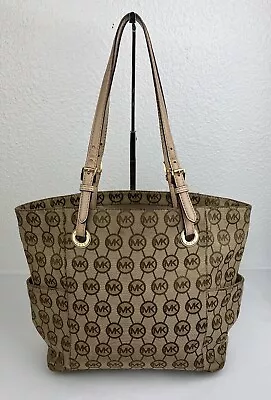 Michael Kors Signature Jet Set Tan Brown Shoulder Bag Tote Monogram MK Purse • $40.49