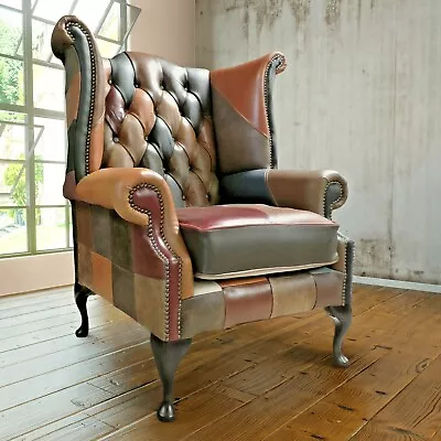 Buffalo Chesterfield Patchwork LEATHER Queen Anne Wing Back Chair Harlequin • £889