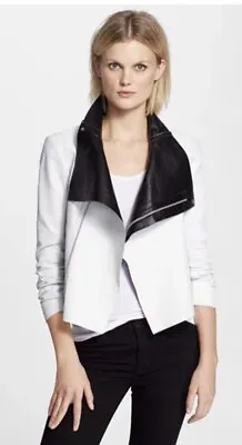 Veda Max Moto Zip Jacket White Black Lamb Leather Womens XS • $90