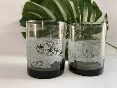 Vintage Set Of 2 McDonalds Rocks Glasses Etched Hawaiian Surf Aloha Collectible • $15