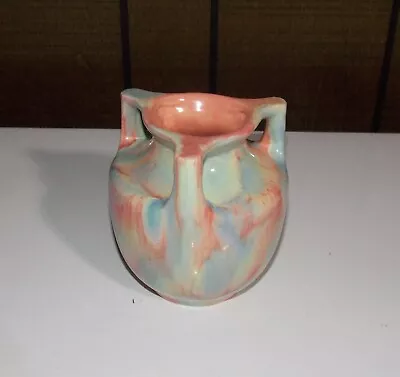 ART DECO HAEGER Vase Marble Glaze Rare Angled Handles Pink Blue Green  • $75