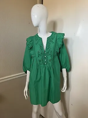 ZARA NEW! Kelly Green Eyelet Ruffled Mini Peasant Dress Sz M NWOT! • $48.99