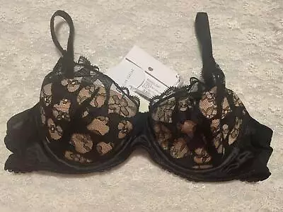 Mimi Holliday Love Hearts 36B Plunge Bra Black Lace Silk • $75.99