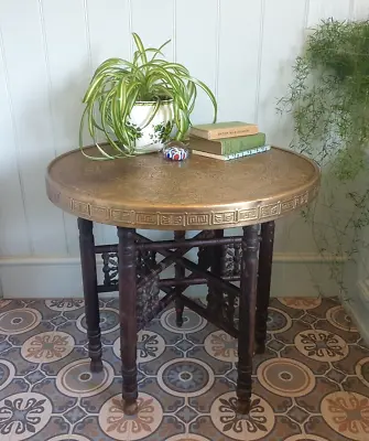 Vtg Asian Benares Islamic Folding Side Table Campaign Brass & Wooden Top Boho • $82.11