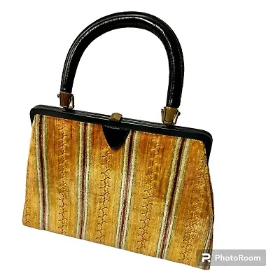 Vtg 60's Mel Ton MoD IRRIDECENT GOLD Stripe Hand Bag CARPET Purse VELVET Satchel • $179.99