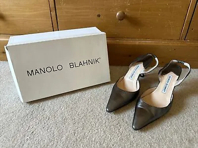 Manolo Blahnik Slingback Pump Pewter Gray Pointed Toe Leather Carolyne Size 39 • $185