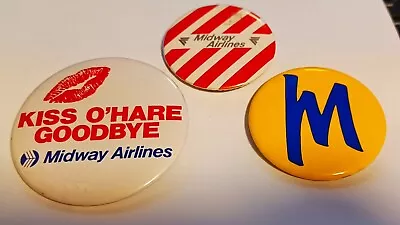 Midway Airlines 3 Metal Buttons Kiss O'Hare Goodbye Unaccompanied Minor M • $10.95