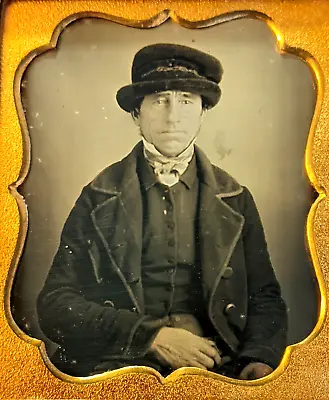 Super Nice Daguerreotype Of Man With Floppy Fur Hat No Wipes Clear And Sharp! • $145