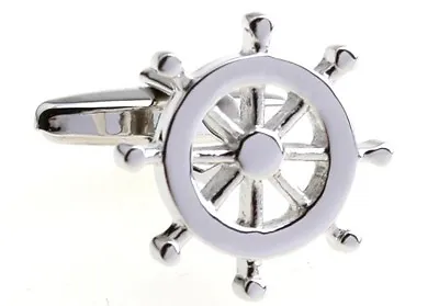 Ship Wheel Pair Cufflinks Silver Yacht Wedding Fancy Gift Box & Polishing Cloth • $17.97