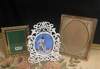 3pc Lot Vtg Metal Picture Frames Solid Brass White Metal Scroll Filigree Gold • $15