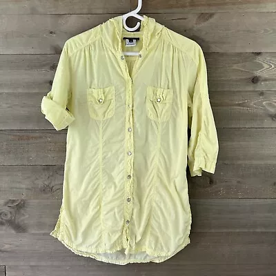 Athleta Womens Shirt 3/4 Sleeve Roll Tab Pearl Snap Hoodie Yellow Size Small • $19.99