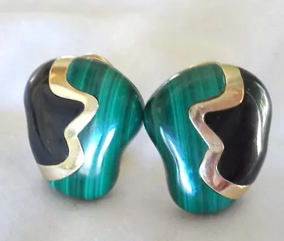 14K Yellow Gold Inlay Onyx Malachite Statement Earrings - 19.16 Gms 0.95 In • $678