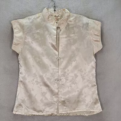 Vtg Leah La Jolla CA Womens Top Size M Ivory Floral Satin Asian Keyhole Blouse • $17.05