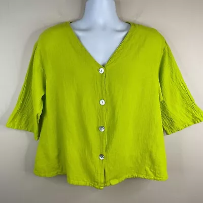 Oh My Gauze Button Up Tunic Top 2 XL L Lime Green BEACHY LAGENLOOK Half Sleeve • $28.94