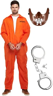 Men's Prisoner Overall Orange Jumpsuit Convict Robber Police Fancy Dress Costume • £19.90