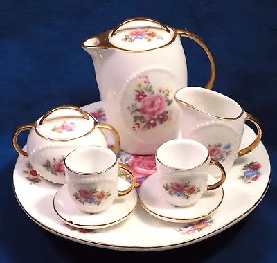 Vintage Miniature Floral Rose Tea Set 10 Piece Porcelain Flowers Gold Trim • $27.50