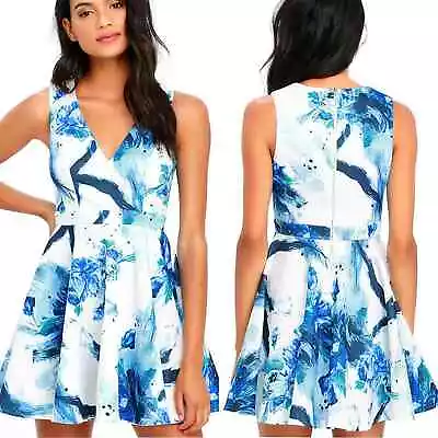 Lulus Calligraphy Fonts Blue And Ivory Print Skater Dress • $20