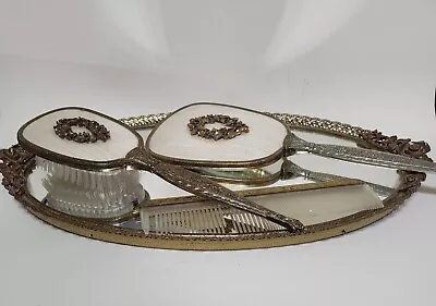 Vintage Matson Gold Filigree Mirror Tray Brush Comb Oval Handles Vanity Set • $42