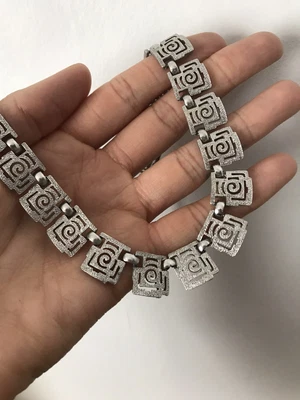 £35 • Buy Vintage Crown Trifari Textured Greek Key Style Link Necklace Signed Silver Tone