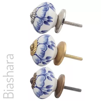 £2.35 • Buy Navy White CERAMIC DOOR KNOBS Floral Cupboard Handles Cabinet Drawer Vintage