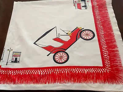 Vintage CALIFORNIA HAND PRINTS Tablecloth Red Antique Cars 52x46 • $54.20