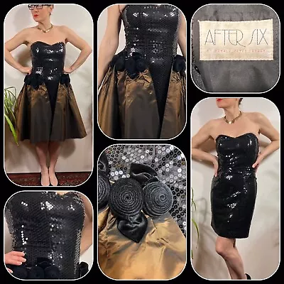 £45 • Buy Vintage 1980s After Six Ronald Joyce Black Sequin Party Dress Two In One Size 10