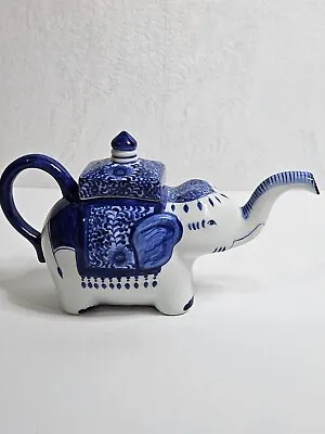Vintage Signed Blue/White Elephant Teapot Made In Thailand Original And Rare • $20