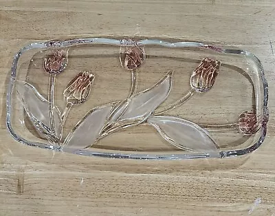 Vintage Mikasa Crystal Pink Tulips Rectangular Platter Canape Tray 14.7in Large • $21.60