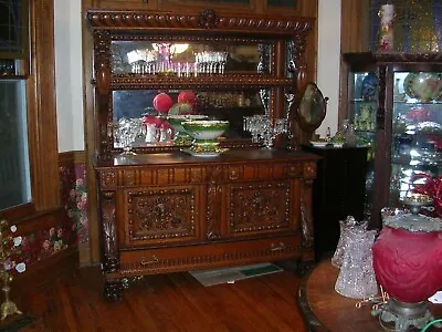 Best Ever Antique Quartersawn Oak Side Board Huge Lion Heads Better Than Horner • $15000