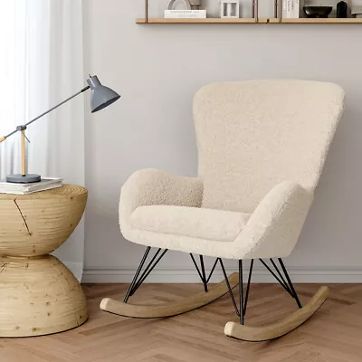 Wing Back Rocking Chair Recliner Armchair Beige Upholstered Relaxing Rocker Seat • £135.95