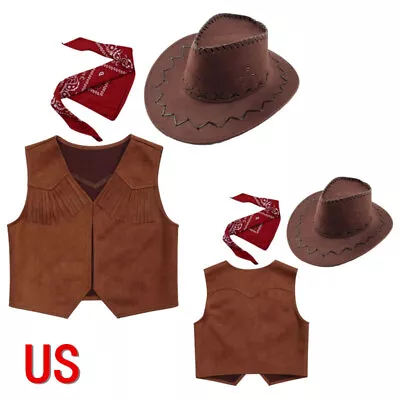 US Kids Western Cowboy Suede Leather Vest With Bandanna Hat Carnival Theme Party • $16.44