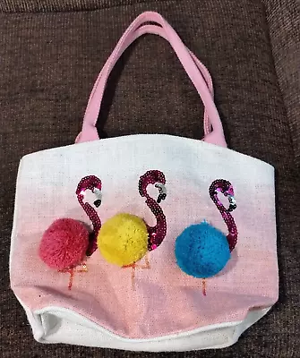 Mud Pie Flamingo Pink Ombre Sequin Tote Bag Pink Yellow Blue Pom Poms • $13.49