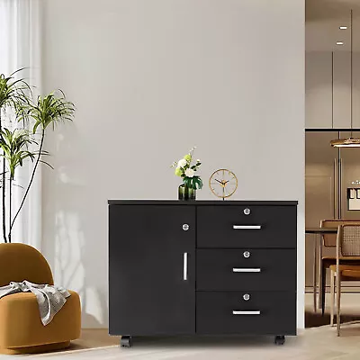 Modern File Cabinet 3 Drawer Mobile File Cabinet Black With 2 Shelves And Wheel • $117.51