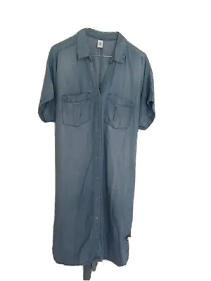 H&M DENIM Dress Size 8 Chambray Blue Shift With Belt & Pockets Short Sleeve • £2.75