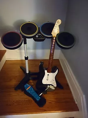 $199.99 • Buy Xbox 360 Rock Band BUNDLE  Wireless Drums  Guitar Lot Fender Stratocaster