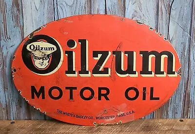 LARGE Vintage OILZUM MOTOR OIL White & Bagley Co Porcelain Enamel Metal Sign • $111.01