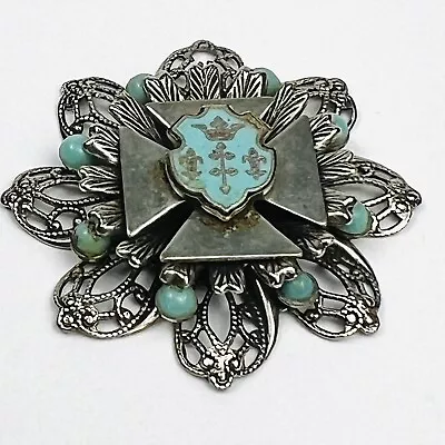 Vtg Heraldic Pendant Large Filigree Pendant Faux Turquoise Beads Coat Of Arms • $19.99