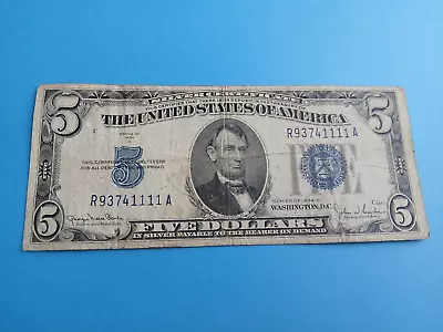 1934-D Blue Seal Serial Lincoln $5 Five Dollar Bill United States Note • $10