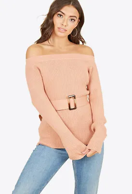 Womens Peach Bardot Off The Shoulder Belted Knitted Jumper • £14.99