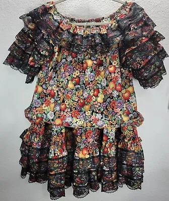 Vintage Square Dance Outfit Suzi’s Ruffle Set 2pc Top Skirt Floral Fruits Size L • $91.79