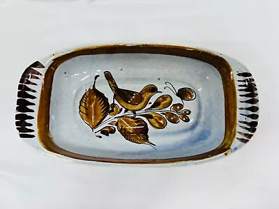 Mexican Pottery Rectangle Serving Dish Brown Bird Blue Glaze Signed JAH • $18.50