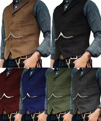 Mens Vest Vintage Cowboy Tweed Waistcoat Herringbone Formal Casual Vests S-3XL • $39.59
