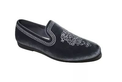 Mens Black Stitched Velvet Shoes Loafers Slip On Pattern Round Toe UK Sizes 6-12 • £21.99