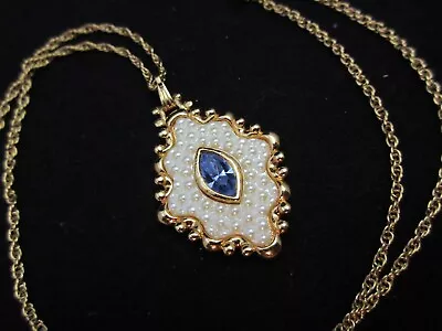 Vintage Avon Blue Marquis Rhinestone Faux Seed Pearl Textured Pendant Necklace • $19.99