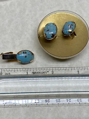 $9.99 • Buy Vintage SARAH COVENTRY  CUFFLINKS TIE BAR/CLIP SET Gold & FAUX Turquoise Stone