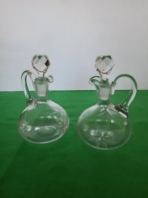 Set Of 2 Vintage Clear Cut Glass Oil And Vinegar Cruets 6  Tall W/ Stoppers • $16