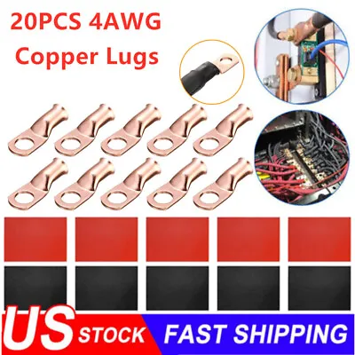 20PCS 4 AWG Gauge Copper Lugs W/ BLACK & RED Heat Shrink End Ring Terminals Wire • $9.09