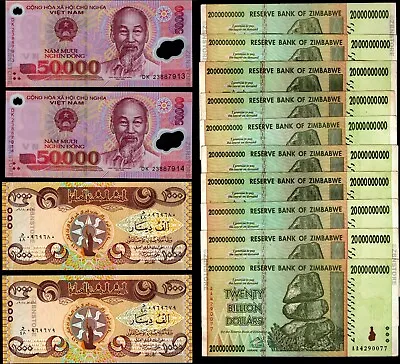 2 X 50000 Dong Vietnam + 2 X 1000 Dinars Iraq + 10 X 20 Billion Dollars Zimbabwe • $50