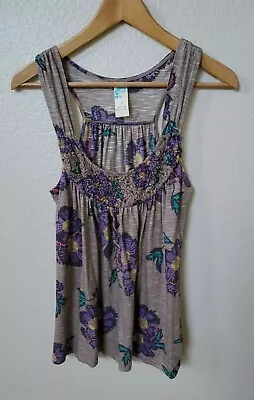 C.Keer Coil Flower Tank Size Small Gray Slub Anthropologie Beaded Scoopneck • $15.30