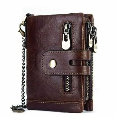 Mens RFID Protected Chain Wallet Genuine Leather Credit Card Holder Purse • $29.99